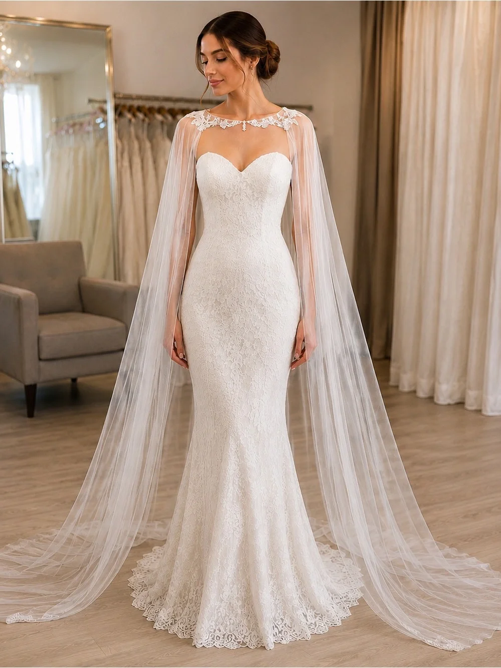 Cathedral Length Bridal Cape | Beaded Lace Shoulder Cape
